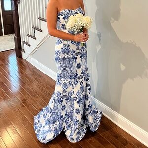 Strapless Blue and White Floral Prom Dress
